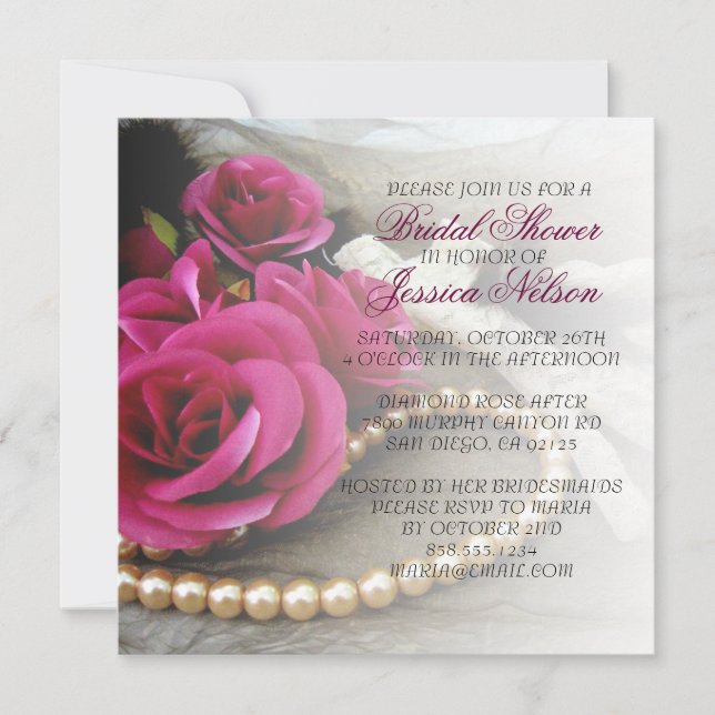 Luxury Elegant Pearls Rose Lace Shower Invite (Front)