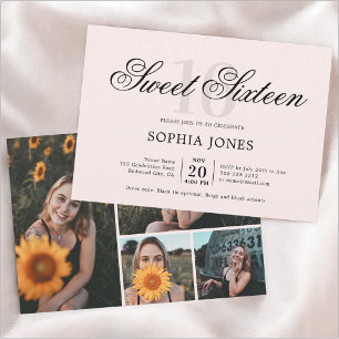 Luxury Elegant Pink Sweet 16 Photo Invitation