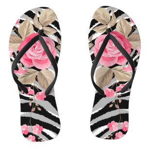 Luxury Elegant Pink Tiger Floral Rose Flip Flops