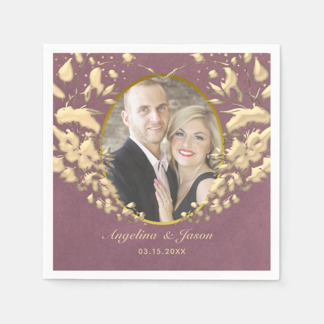 Luxury Elegant Purple and Gold Wedding Photo Napkin (Front)