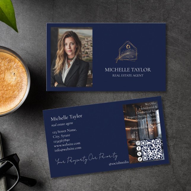 Luxury Elegant Real Estate Realtor Photo Gold Business Card (navy and gold realtor logo business card with photo and QR code)