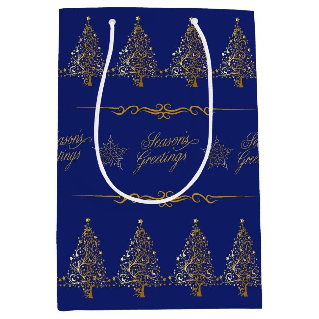 Luxury Elegant Royal Blue Gold Christmas Tree Medium Gift Bag (Front)