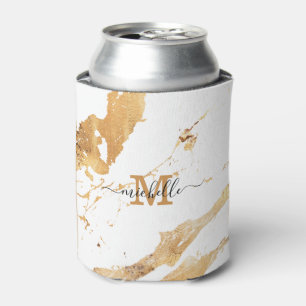 Luxury Elegant Script Monogram White Gold Marble Can Cooler