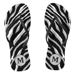 Luxury Elegant Silver Black Monogrammed Tiger Flip Flops