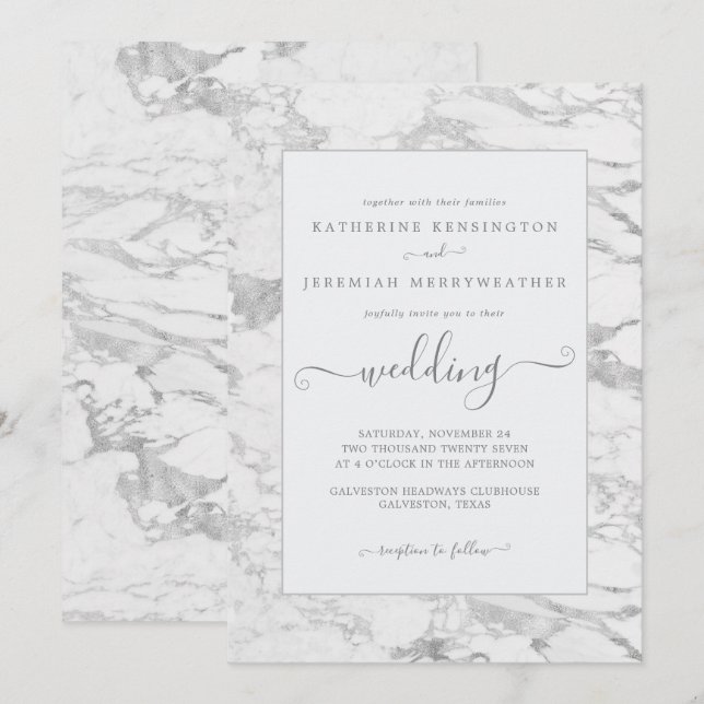 Luxury Elegant Silver Foil Marble Wedding Invitation (Front/Back)
