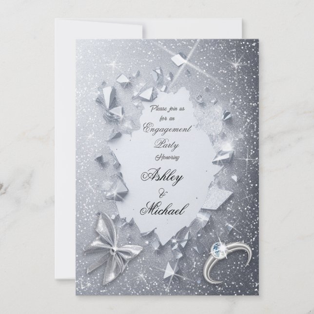 luxury elegant silver glitter engagement party invitation (Front)