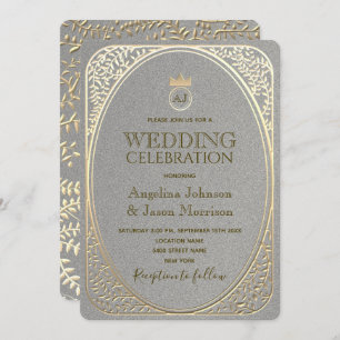 Luxury Elegant Silver & Gold Floral Swirls Wedding Invitation