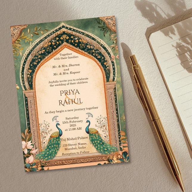 Luxury Elegant Vintage Gold Peacock Indian Wedding Invitation (green and gold indian wedding invitation with peacocks)