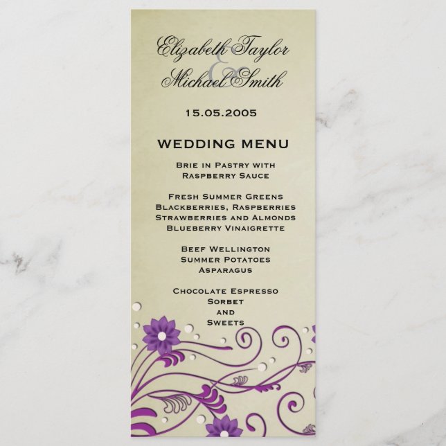 Luxury Elegant Vintage Swirls Floral Wedding Menu (Front)