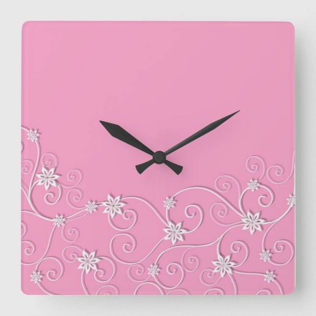 Luxury Elegant White Swirls Pink Clock (Front)