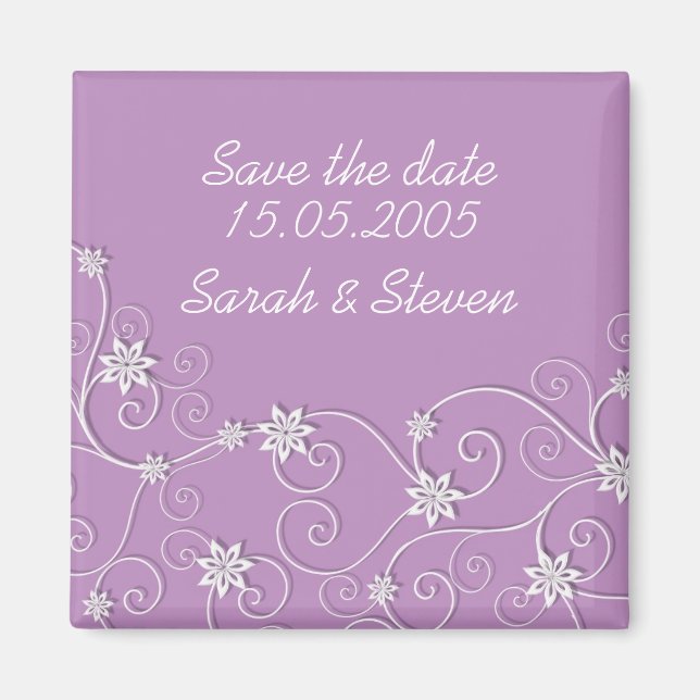 Luxury Elegant White Swirls Purple Save the date Magnet (Front)