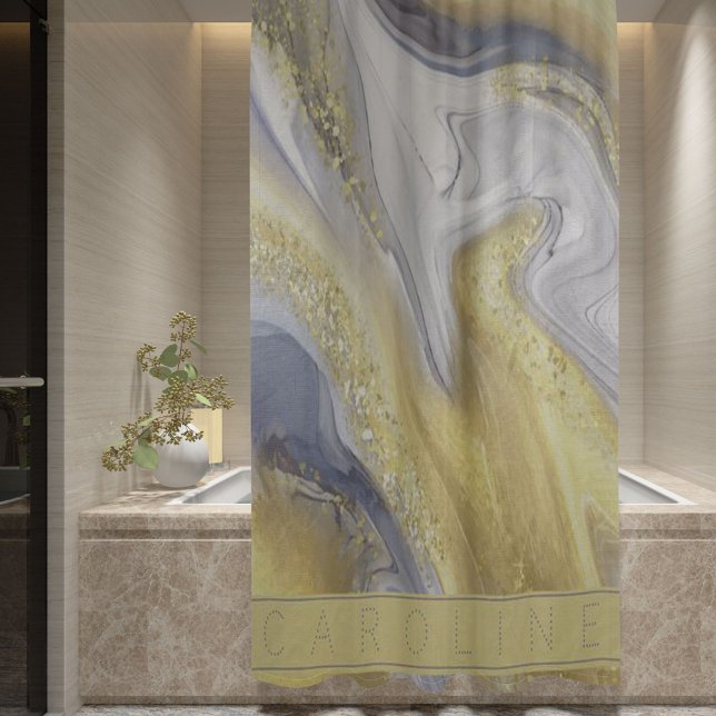 Luxury Elegant Yellow Grey Gold Marble Effect Name Shower Curtain (Creator Uploaded)