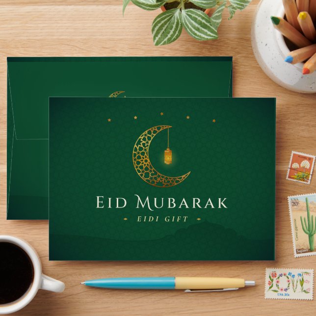 Luxury Emerald Gold Crescent Moon Eidi Envelopes (Desk)