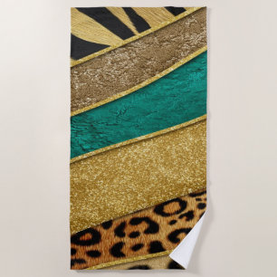 Luxury Emerald & Gold Safari Leopard Zebra Glitter Beach Towel