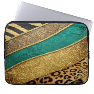 Luxury Emerald & Gold Safari Leopard Zebra Glitter Laptop Sleeve