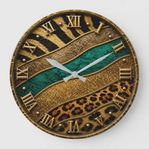 Luxury Emerald & Gold Safari Leopard Zebra Glitter Large Clock