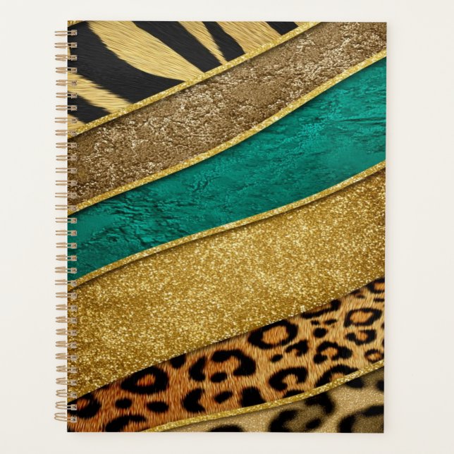 Luxury Emerald & Gold Safari Leopard Zebra Glitter Planner (Front)
