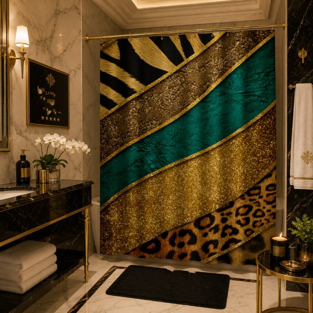 Luxury Emerald & Gold Safari Leopard Zebra Glitter Shower Curtain (Creator Uploaded)