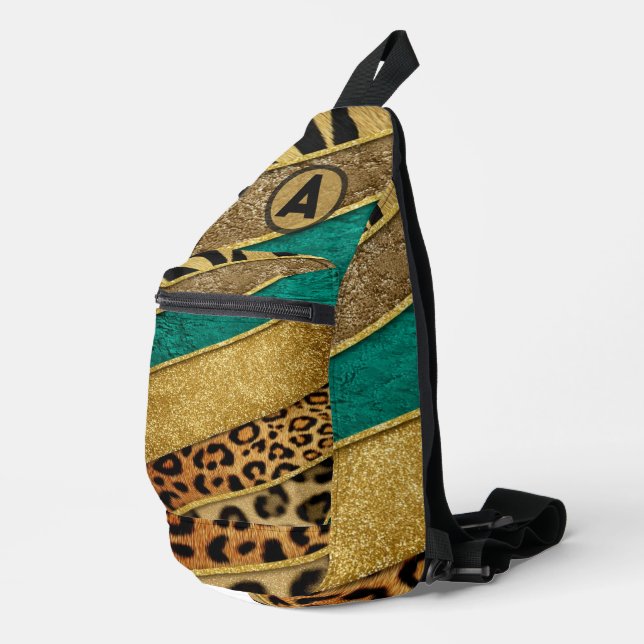 Luxury Emerald & Gold Safari Leopard Zebra Glitter Sling Bag (Right Corner)
