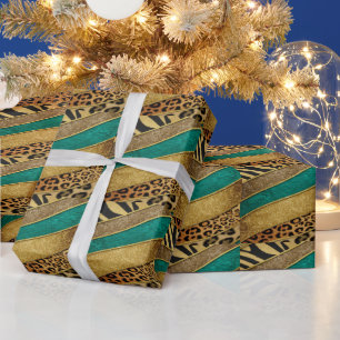 Luxury Emerald & Gold Safari Leopard Zebra Glitter Wrapping Paper