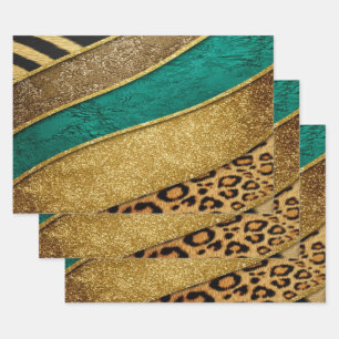 Luxury Emerald & Gold Safari Leopard Zebra Glitter Wrapping Paper Sheet