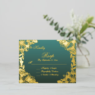 Luxury Emerald Gold Script Wedding RSVP Card