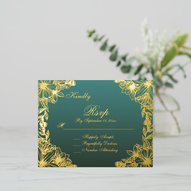 Luxury Emerald Gold Script Wedding RSVP Card (Standing Front)