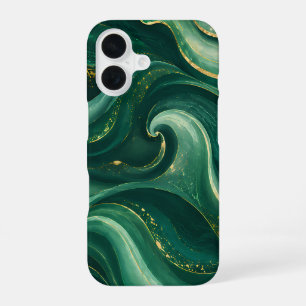 Luxury Emerald Green and Gold Liquid Marble iPhone 16 Case
