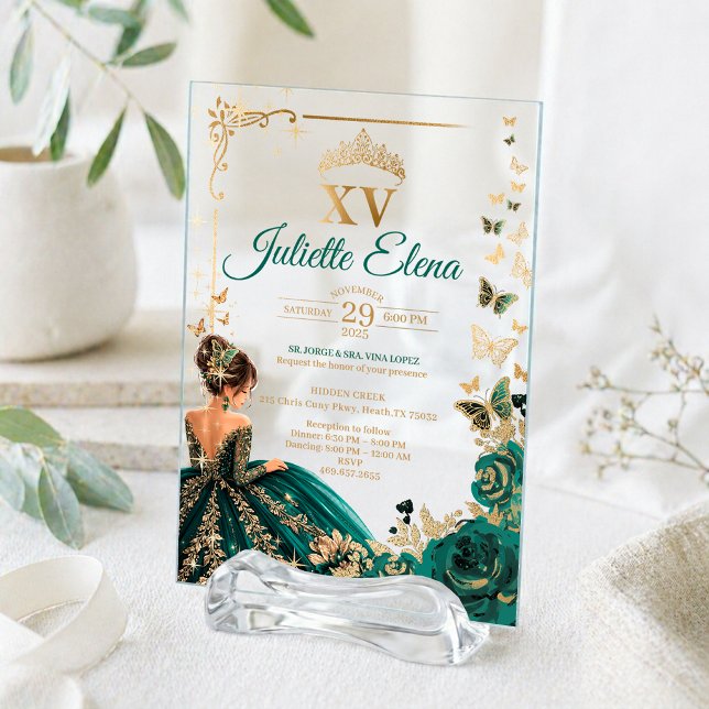 Luxury Emerald Green & Gold Acrylic Quinceañera Invitations (Creator Uploaded)
