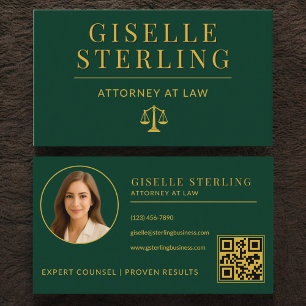 Luxury Emerald Green Gold Attorney at Law QR Code Business Card