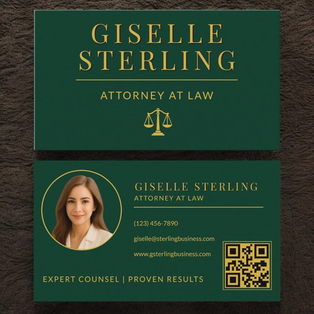 Luxury Emerald Green Gold Attorney at Law QR Code Business Card (Creator Uploaded)