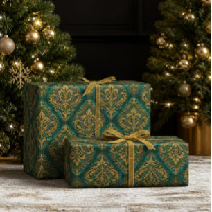 Luxury Emerald Green & Gold Damask Christmas Wrapping Paper