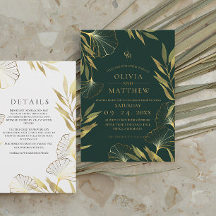  Luxury Emerald Green Gold Leaf Wedding  Invitation