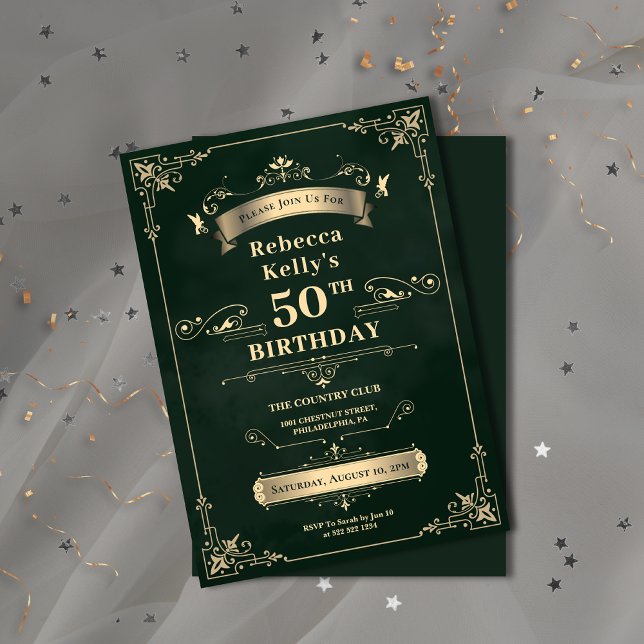 Luxury Emerald Green & Gold Milestone Age Birthday Invitation (Elegant Rococo Ornament Black & Gold Wedding Invitation)
