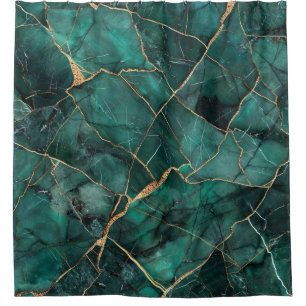 Luxury Emerald Kintsugi Marble Gold Agate Shower Curtain