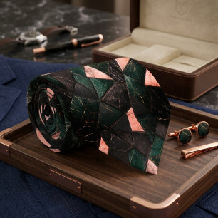 Luxury Emerald Peach and Black Marble Gold Mosaic Tie