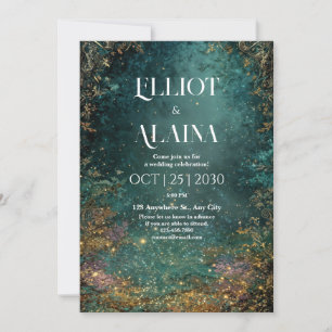 Luxury Enchanted Forest Gold Teal Fairy Wedding Invitation
