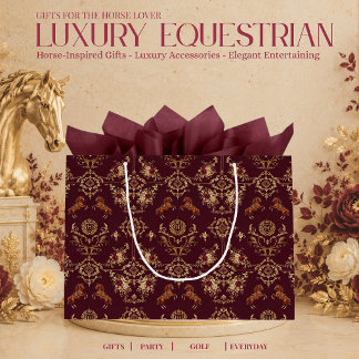 Luxury Equestrian Horse Print Burgundy and Gold Large Gift Bag