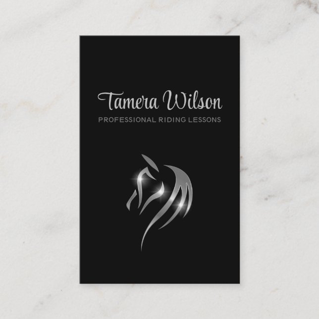 Luxury Equestrian Horse Training Silver Black Business Card (Front)