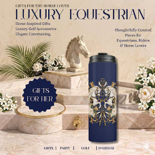 Luxury Equestrian White Horses Navy Gold & Ivory Thermal Tumbler