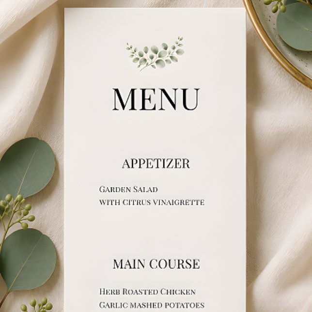 Luxury Eucalyptus Greenery Wedding Menu (Eucalyptus wedding themed menu for reception)
