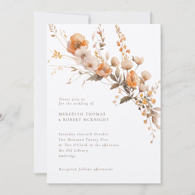 Luxury Fall Brown & Tan Wildflowers Wedding Invitation (Front)