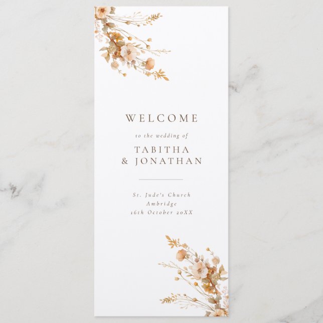 Luxury Fall Brown & Tan Wildflowers Wedding Programme (Front)