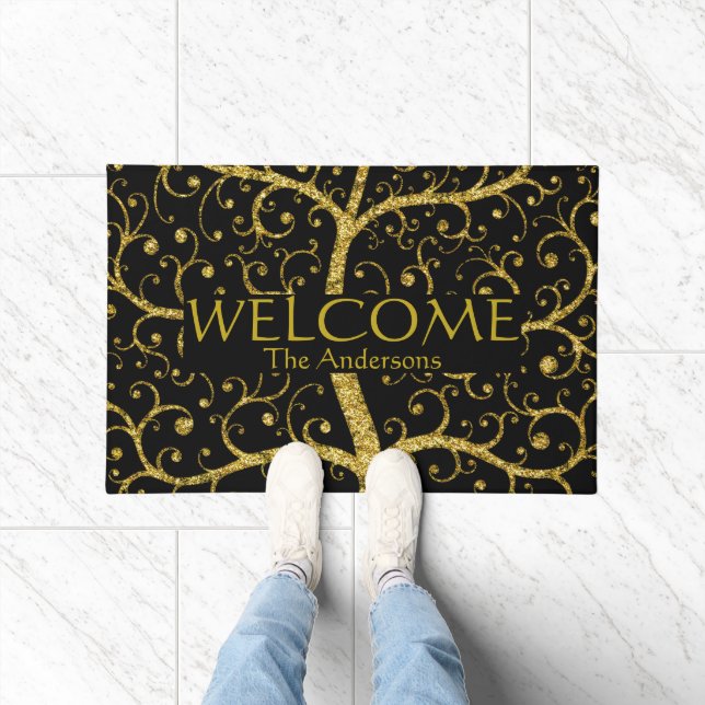 Luxury Family Tree Name Black Gold Personalised  Doormat (Indoor)