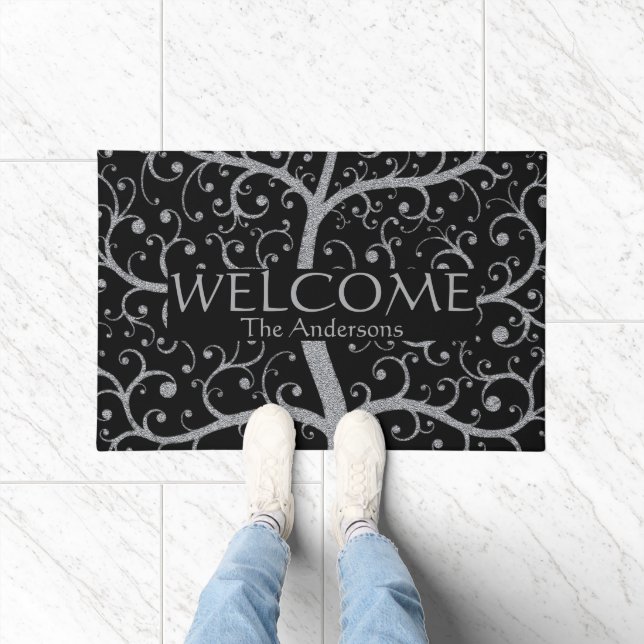 Luxury Family Tree Name Black Silver Personalised  Doormat (Indoor)