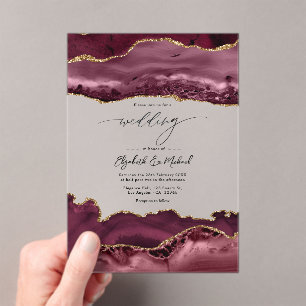 Luxury Faux Glitter Burgundy & Gold Agate Wedding Acrylic Invitations
