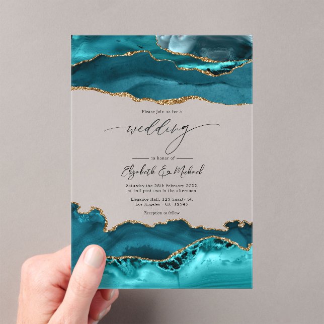 Luxury Faux Glitter Turquoise & Gold Agate Wedding Acrylic Invitations (Insitu (Handheld))