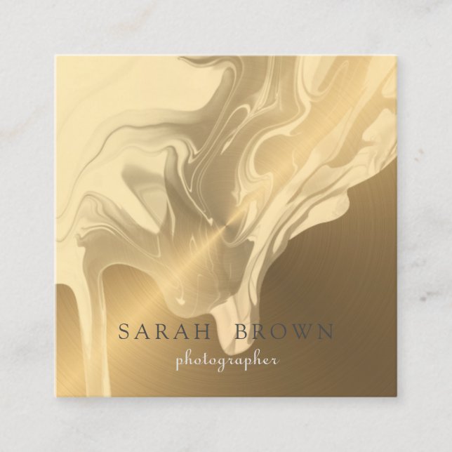 Luxury Faux Gold Brushed Metal Cream Marble Drips Square Business Card (Front)