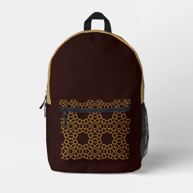 Luxury Faux Gold Geometric Pattern Deep Chocolate Printed Backpack (Front)