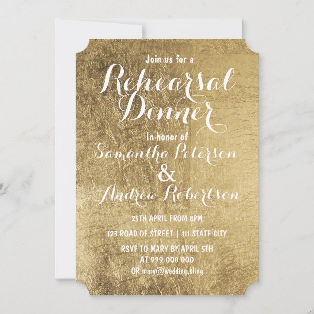 Luxury faux gold leaf rehearsal dinner invitation (Front)